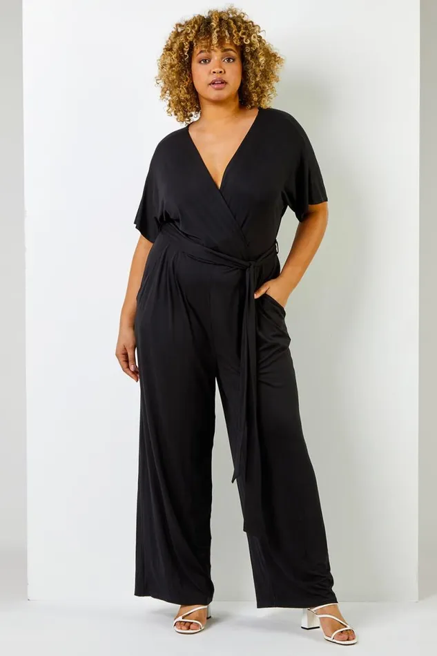 Black Curve Wrap Detail Jumpsuit Women Roman Dresses