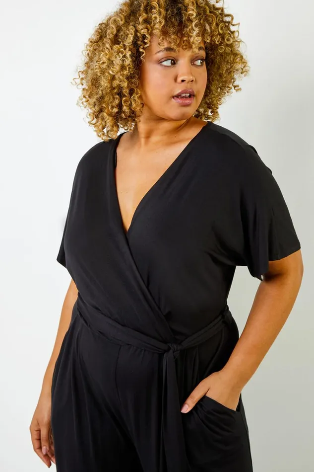 Black Curve Wrap Detail Jumpsuit Women Roman Dresses