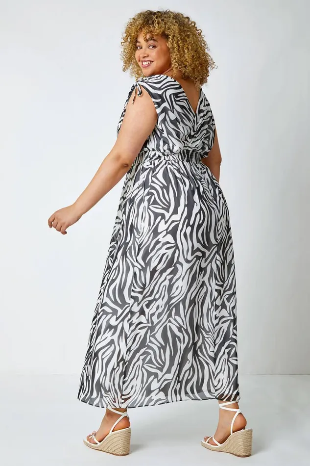 Black Curve Zebra Print Shirred Chiffon Maxi Dress Women Roman Dresses