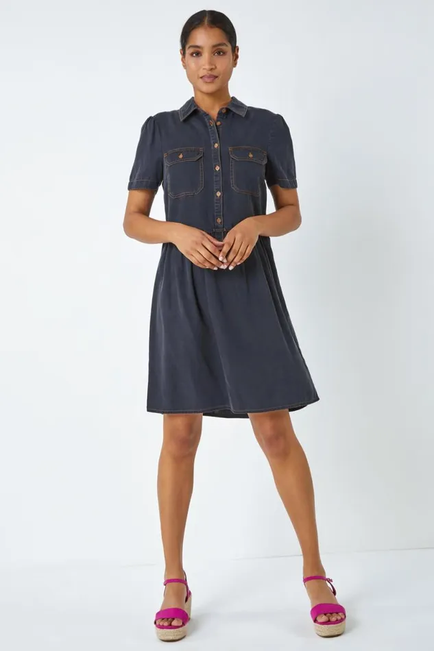 Black Denim Skater Shirt Dress Women Roman Dresses