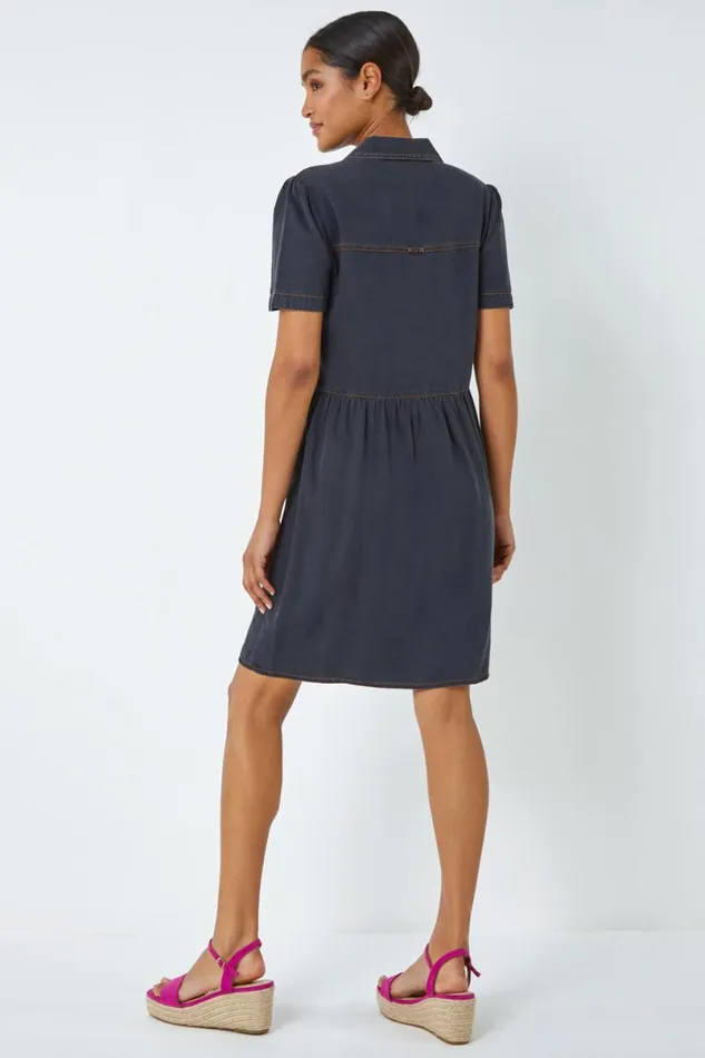 Black Denim Skater Shirt Dress Women Roman Dresses