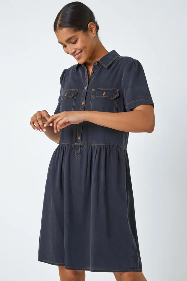 Black Denim Skater Shirt Dress Women Roman Dresses