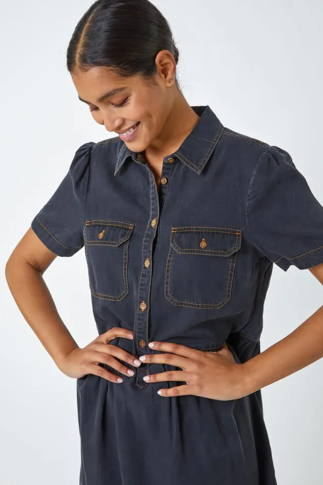 Black Denim Skater Shirt Dress Women Roman Dresses
