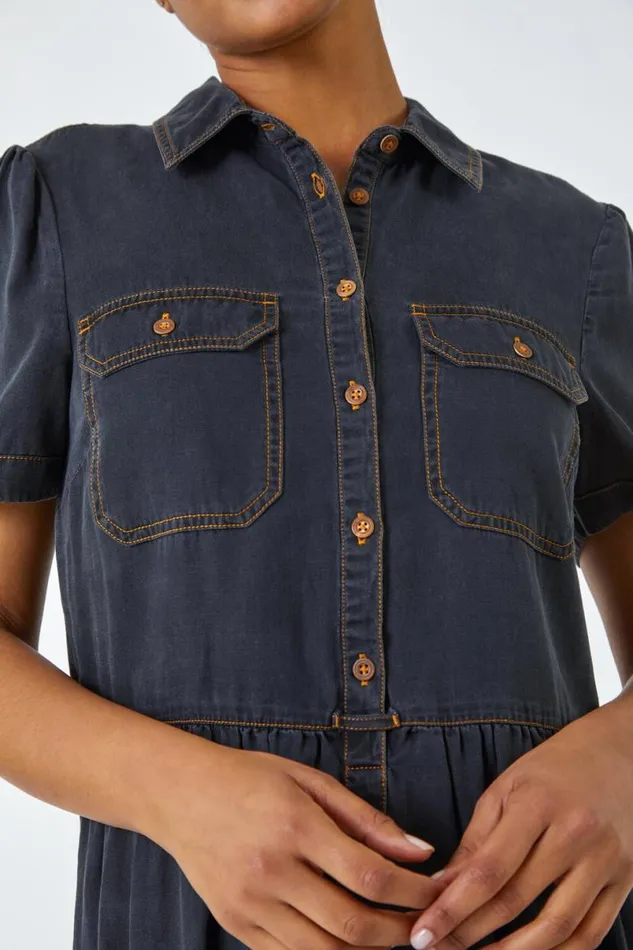 Black Denim Skater Shirt Dress Women Roman Dresses