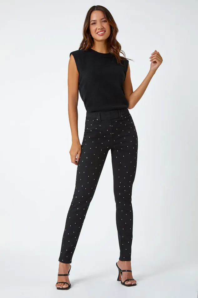 Black Diamante Embellished Stretch Jegging Women Roman Trousers
