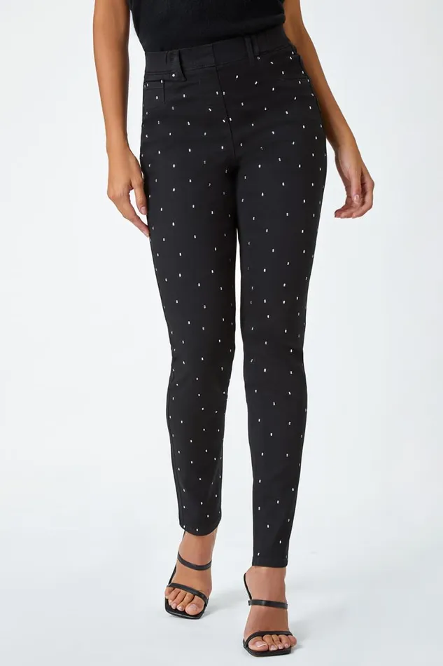 Black Diamante Embellished Stretch Jegging Women Roman Trousers