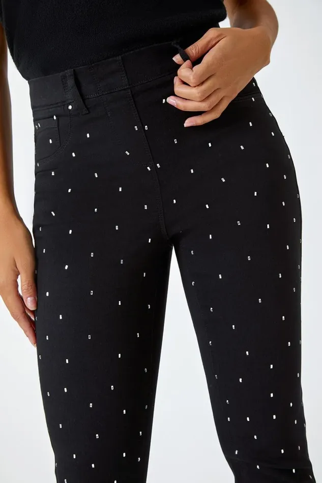 Black Diamante Embellished Stretch Jegging Women Roman Trousers