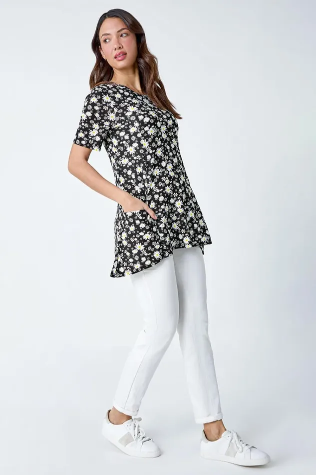 Black Ditsy Print Pocket Detail Tunic Top Women Roman Tops