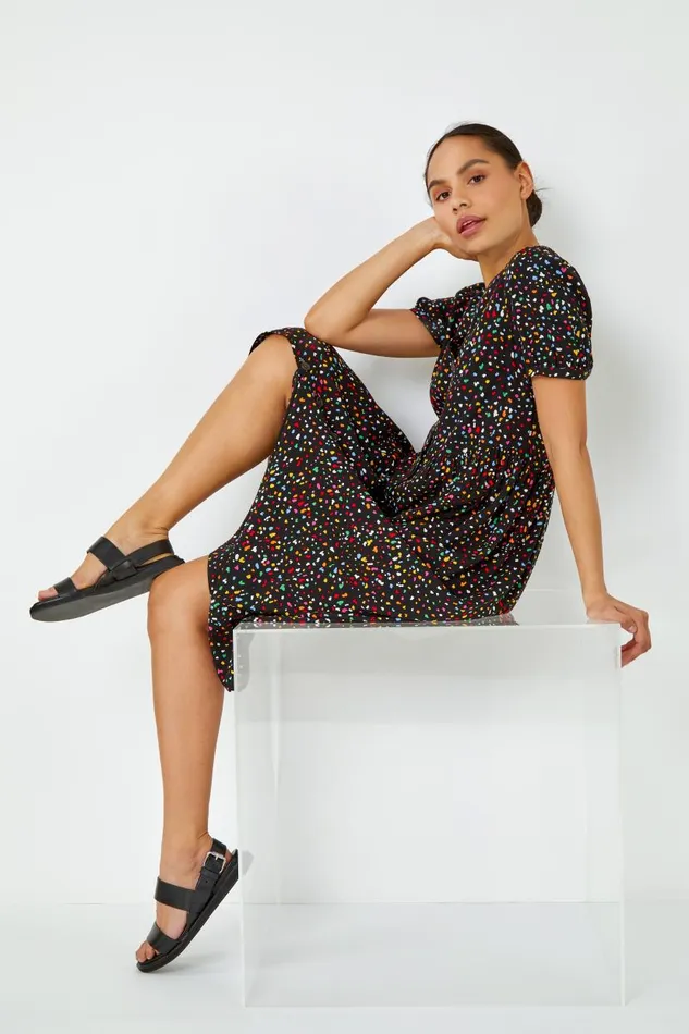Black Ditsy Spot Print Button Down Dress Women Roman Dresses
