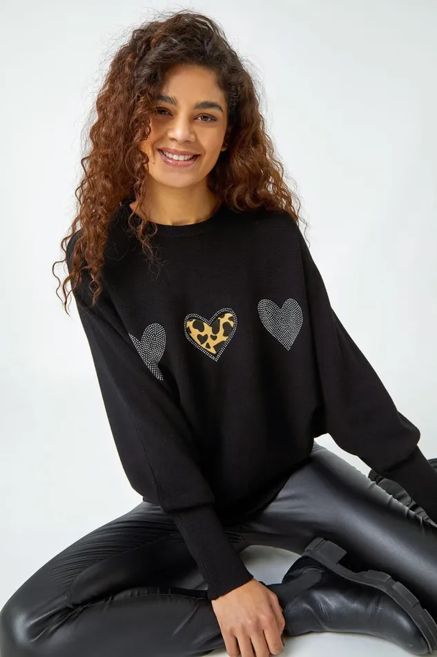 Black Embellished Animal Print Heart Jumper Women Roman Knitwear