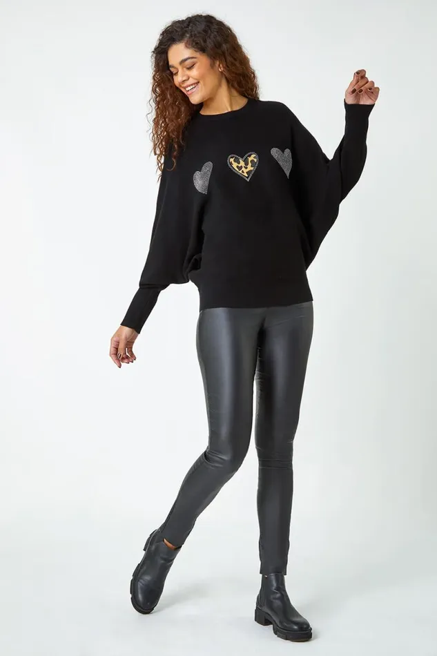 Black Embellished Animal Print Heart Jumper Women Roman Knitwear