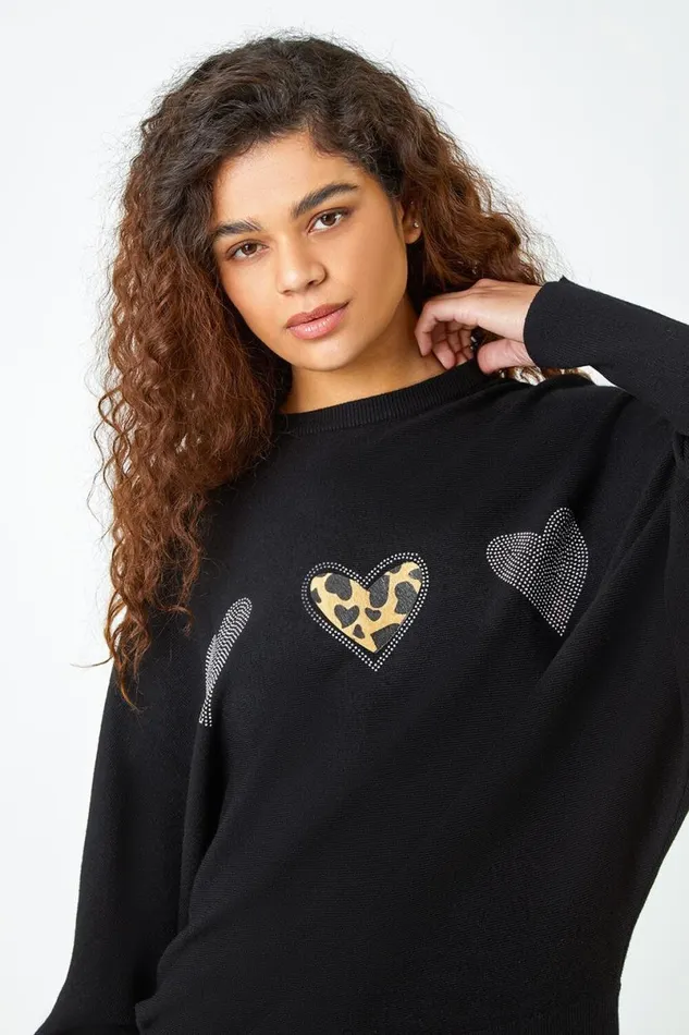 Black Embellished Animal Print Heart Jumper Women Roman Knitwear
