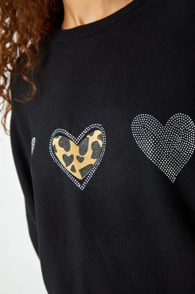 Black Embellished Animal Print Heart Jumper Women Roman Knitwear