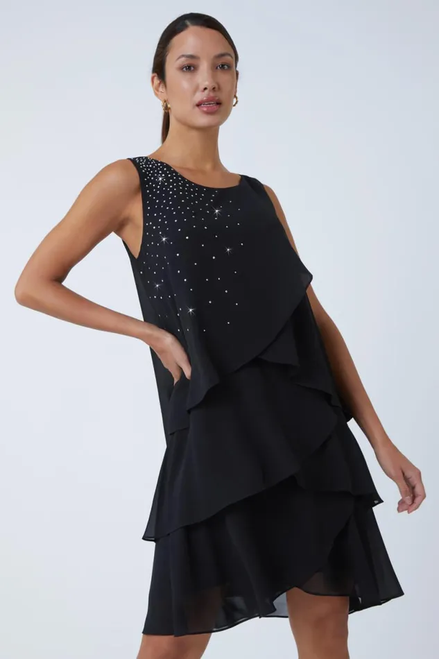 Black Embellished Chiffon Frill Swing Dress Women Roman Dresses