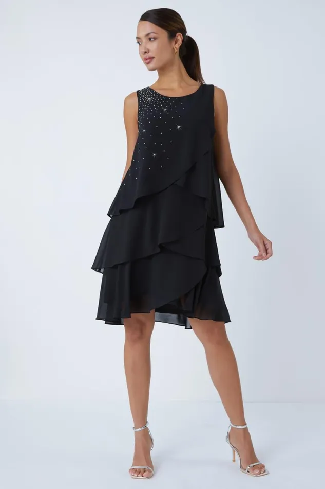 Black Embellished Chiffon Frill Swing Dress Women Roman Dresses