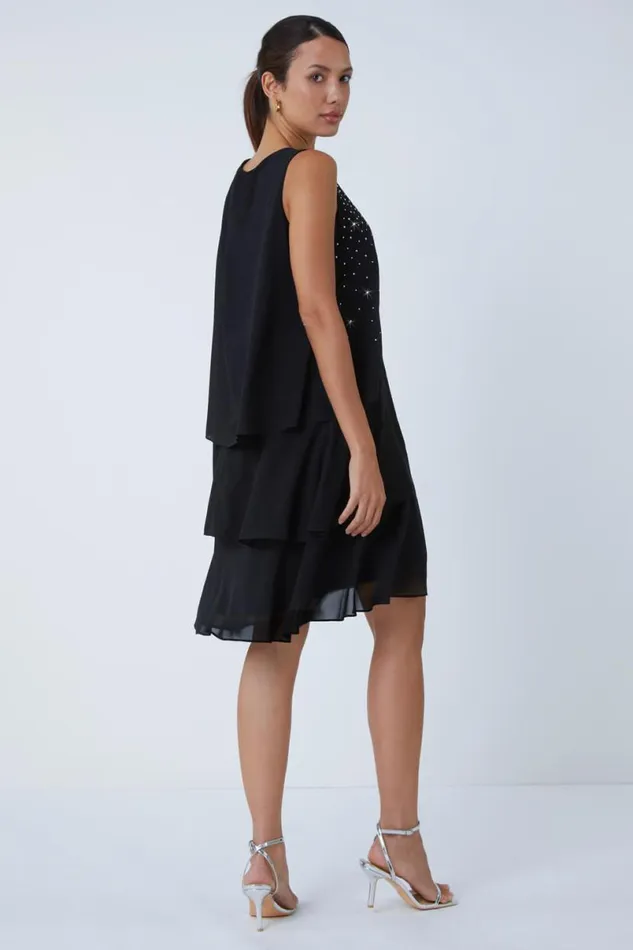 Black Embellished Chiffon Frill Swing Dress Women Roman Dresses