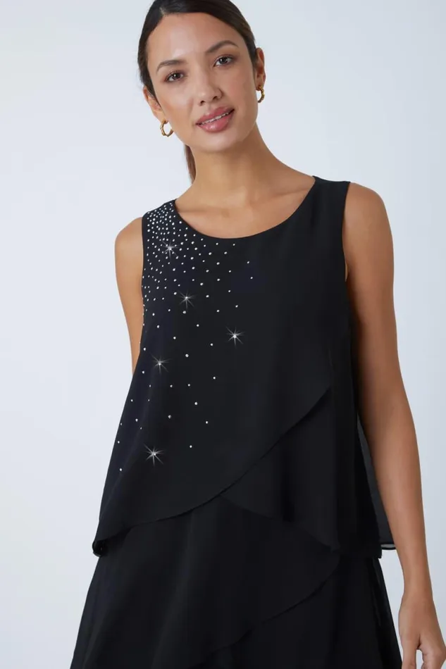 Black Embellished Chiffon Frill Swing Dress Women Roman Dresses