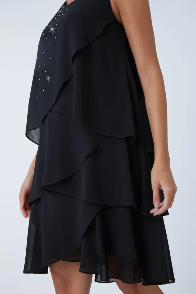 Black Embellished Chiffon Frill Swing Dress Women Roman Dresses