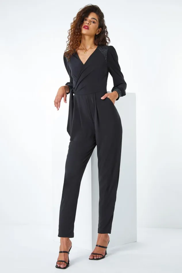 Black Embellished Detail Wrap Jumpsuit Women Roman Dresses