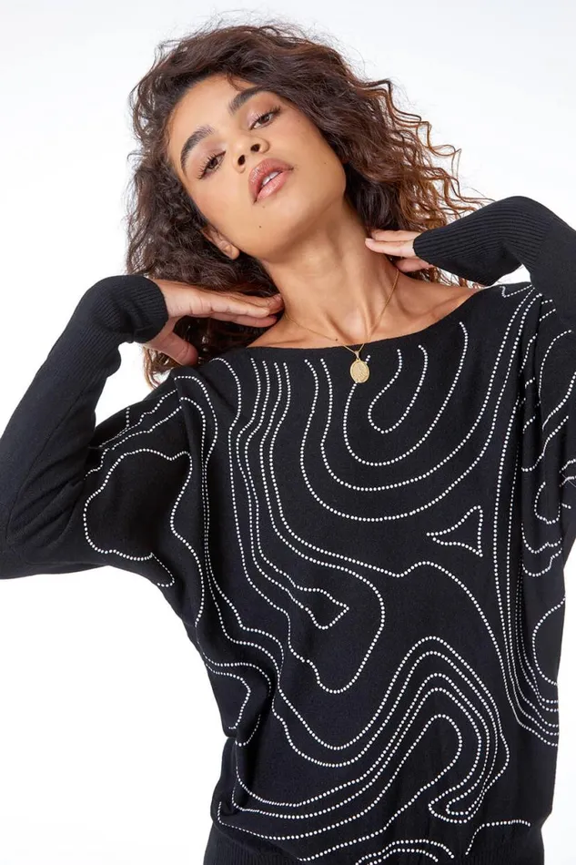 Black Embellished Linear Print Jumper Women Roman Knitwear