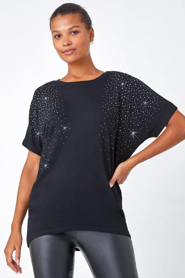 Black Embellished Stretch TShirt Women Roman Tops