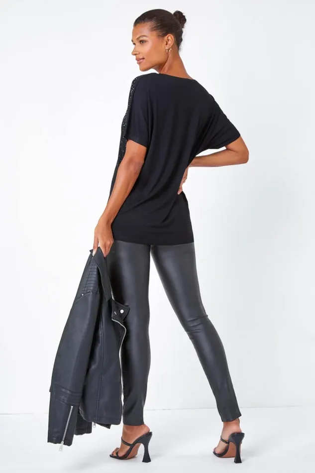 Black Embellished Stretch TShirt Women Roman Tops
