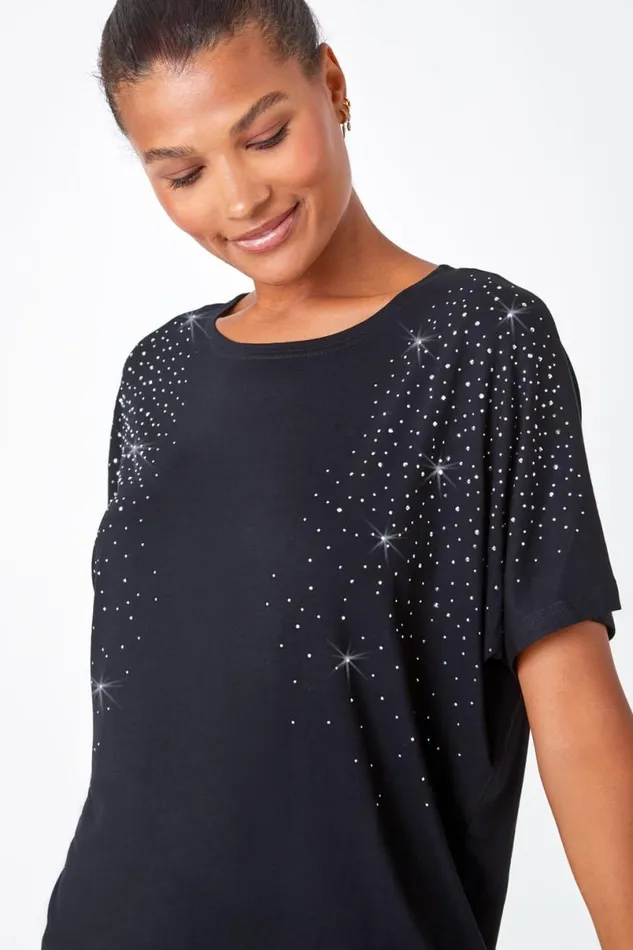 Black Embellished Stretch TShirt Women Roman Tops