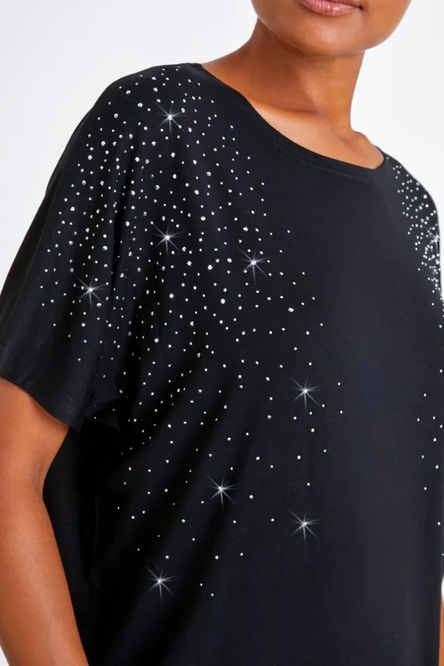 Black Embellished Stretch TShirt Women Roman Tops