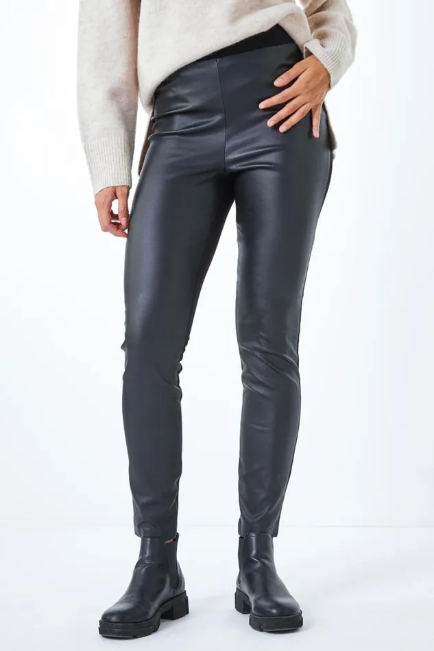 Black Faux Leather Panel Leggings Women Roman Occasionwear