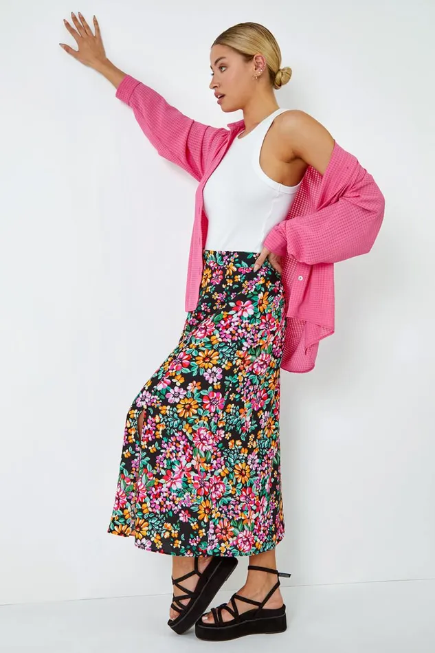 Black Floral Button Detail Midi Elastic Waist Skirt Women Roman Skirts