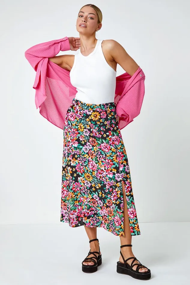 Black Floral Button Detail Midi Elastic Waist Skirt Women Roman Skirts