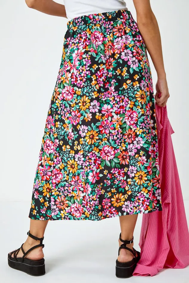Black Floral Button Detail Midi Elastic Waist Skirt Women Roman Skirts