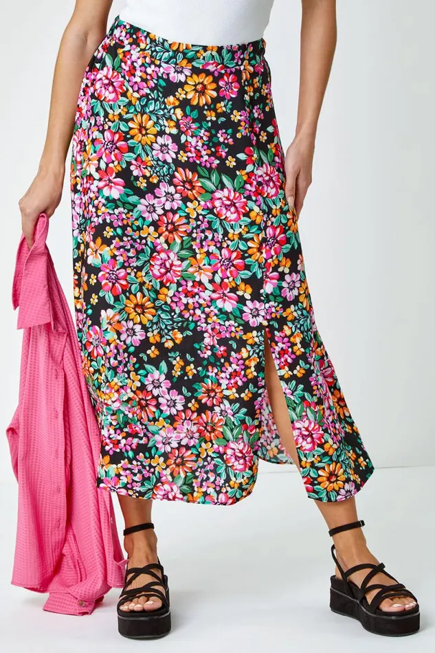 Black Floral Button Detail Midi Elastic Waist Skirt Women Roman Skirts