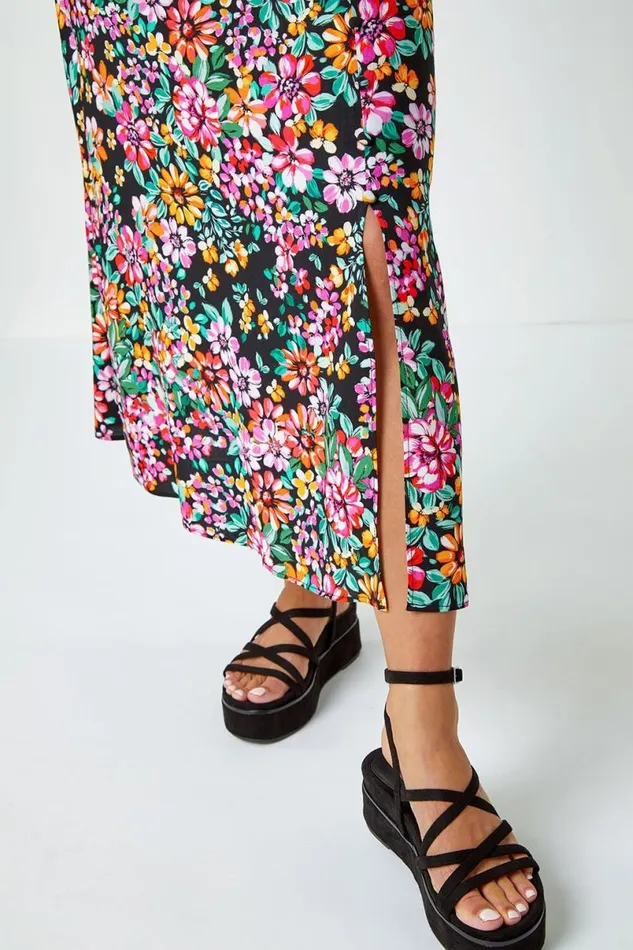 Black Floral Button Detail Midi Elastic Waist Skirt Women Roman Skirts