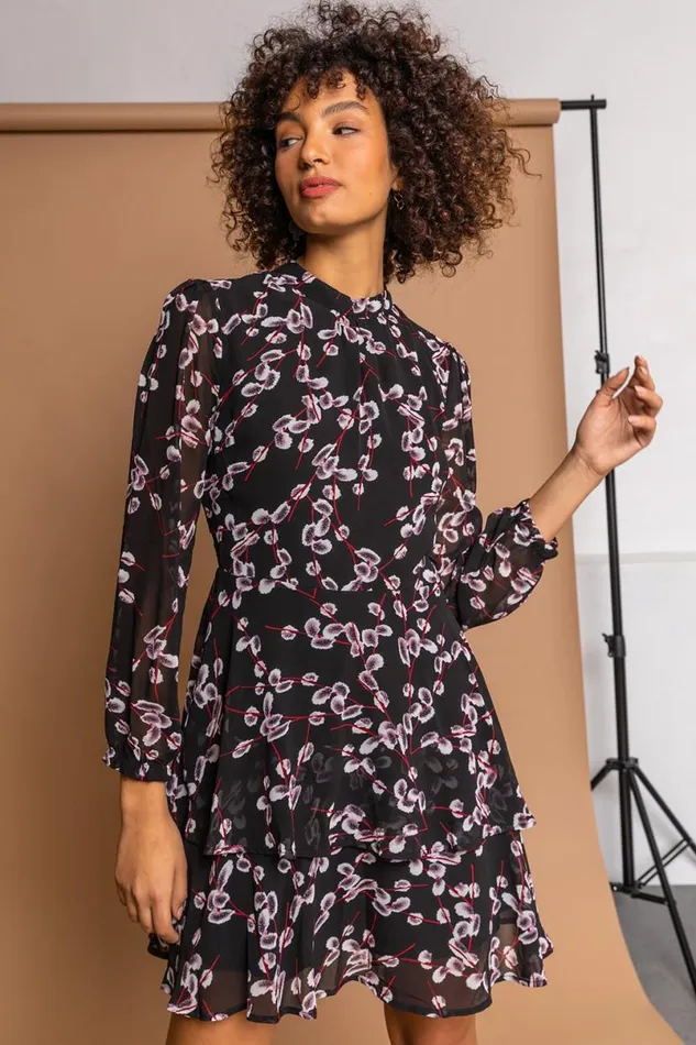 Black Floral Chiffon Tiered High Neck Dress Women Roman Dresses