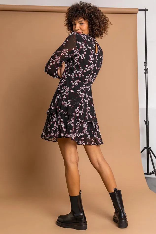 Black Floral Chiffon Tiered High Neck Dress Women Roman Dresses