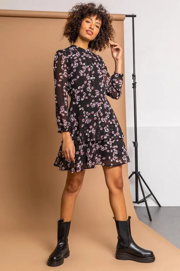 Black Floral Chiffon Tiered High Neck Dress Women Roman Dresses