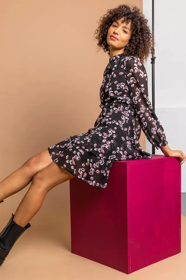 Black Floral Chiffon Tiered High Neck Dress Women Roman Dresses