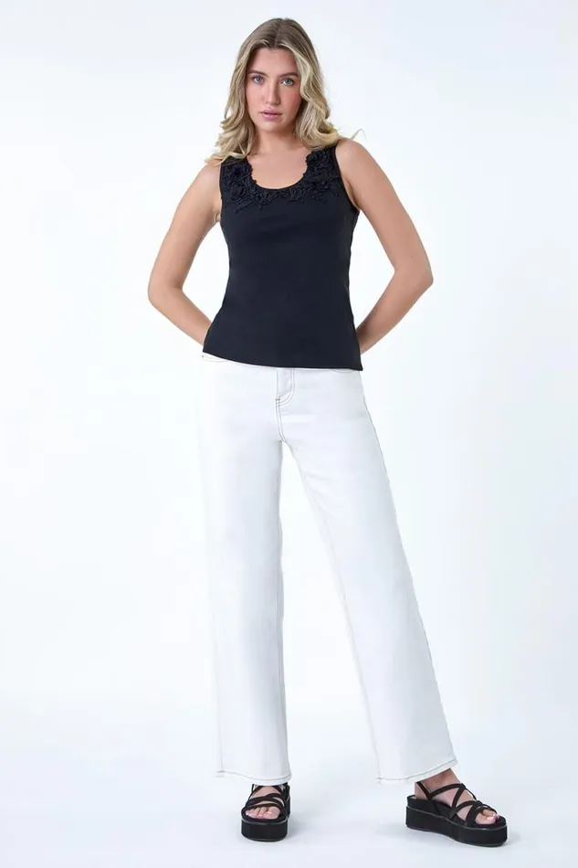 Black Floral Lace Trim Stretch Vest Top Women Roman Tops