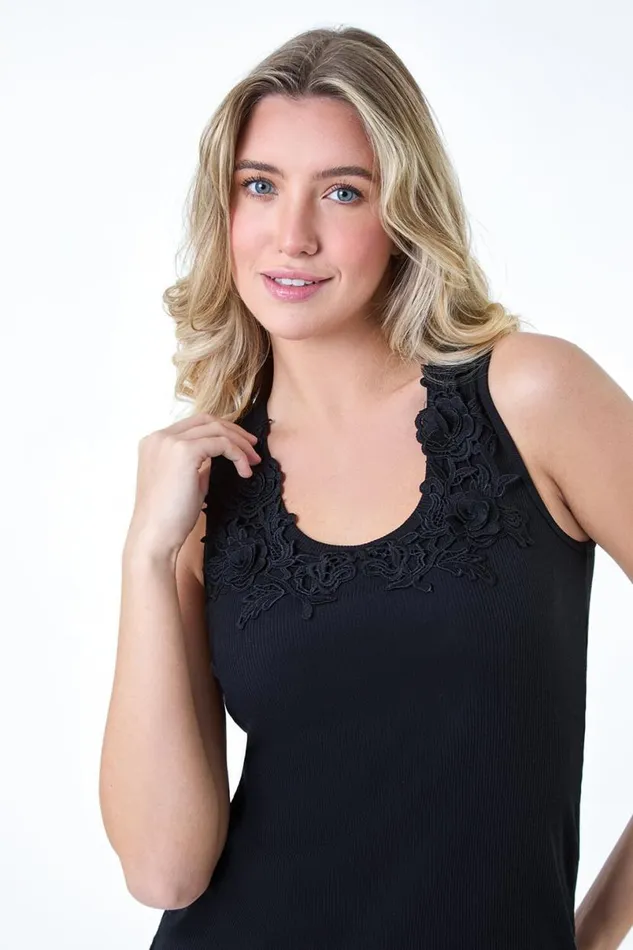 Black Floral Lace Trim Stretch Vest Top Women Roman Tops