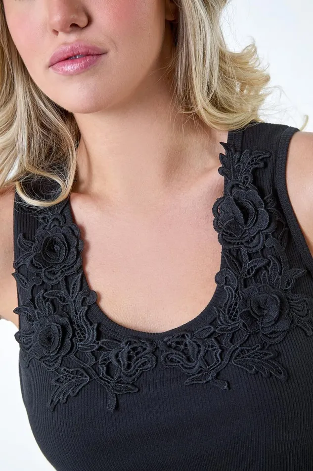 Black Floral Lace Trim Stretch Vest Top Women Roman Tops