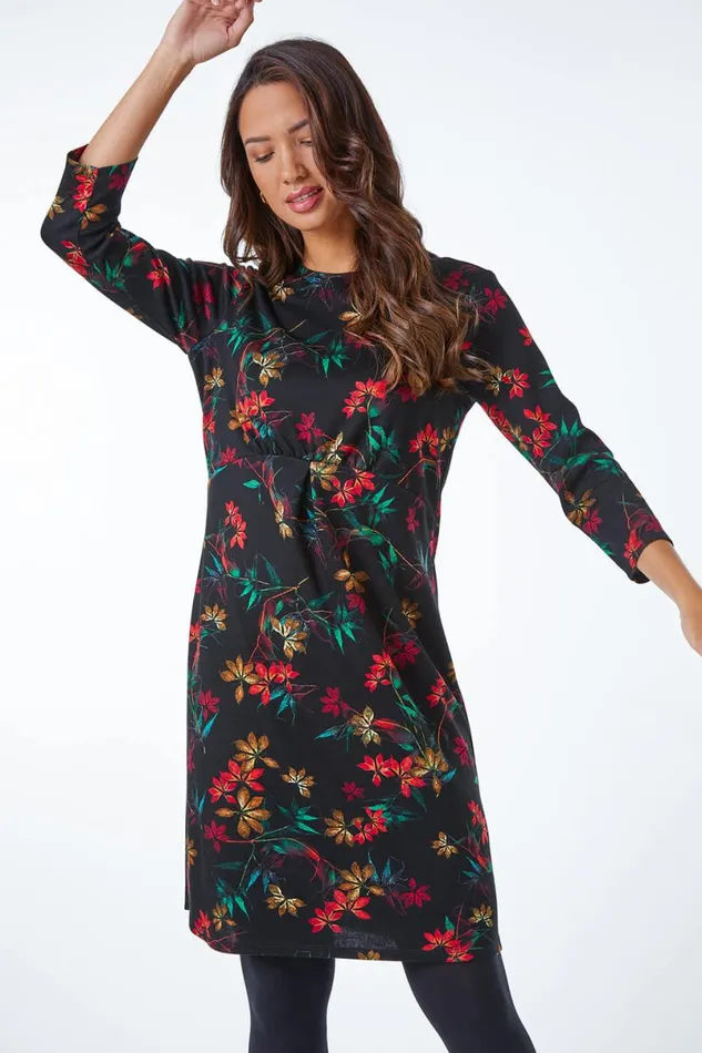 Black Floral Print Pleated Waist Dress Women Roman Dresses
