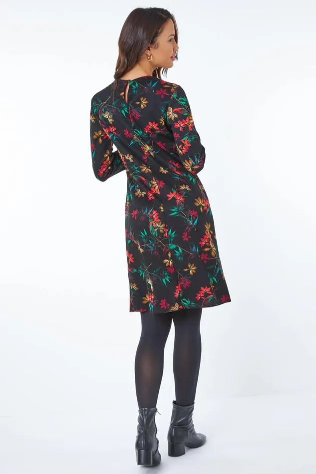 Black Floral Print Pleated Waist Dress Women Roman Dresses