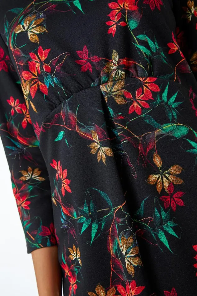 Black Floral Print Pleated Waist Dress Women Roman Dresses
