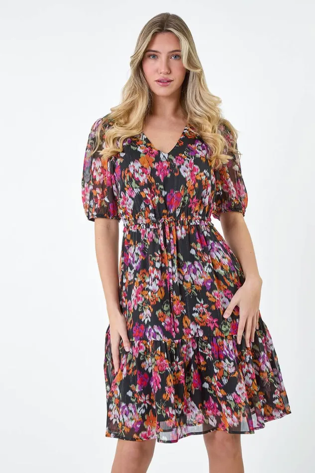 Black Floral Tiered Smock Dress Women Roman Dresses