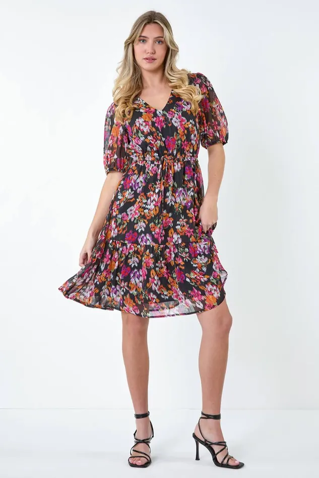 Black Floral Tiered Smock Dress Women Roman Dresses