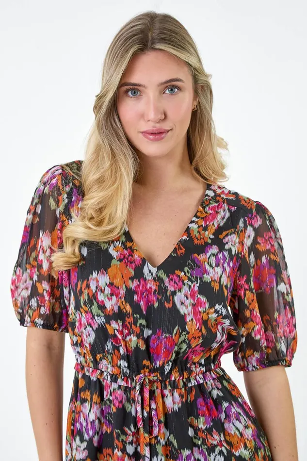 Black Floral Tiered Smock Dress Women Roman Dresses