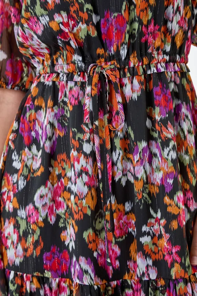 Black Floral Tiered Smock Dress Women Roman Dresses