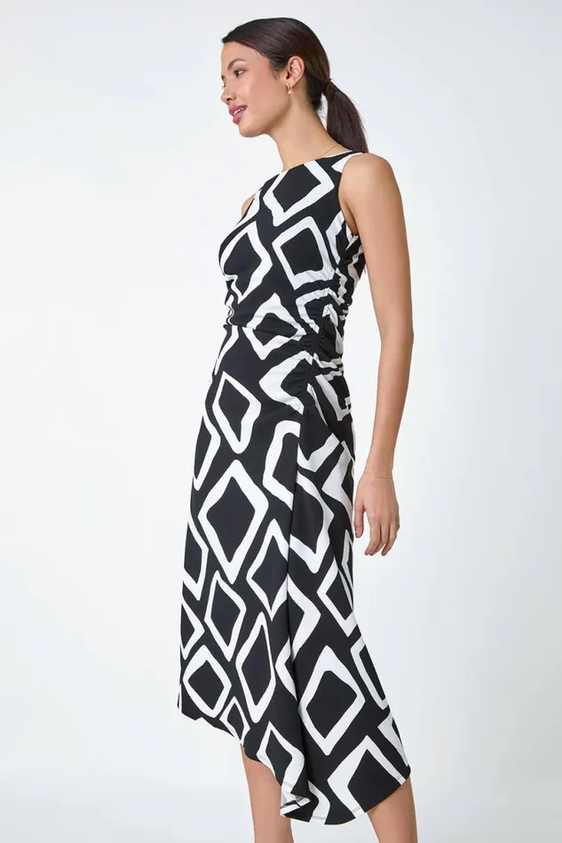 Black Geometric Asymmetric Midi Stretch Dress Women Roman Dresses