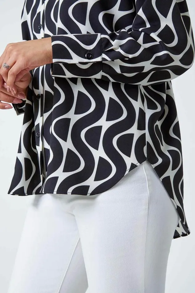 Black Geometric Print Collared Blouse Women Roman Tops